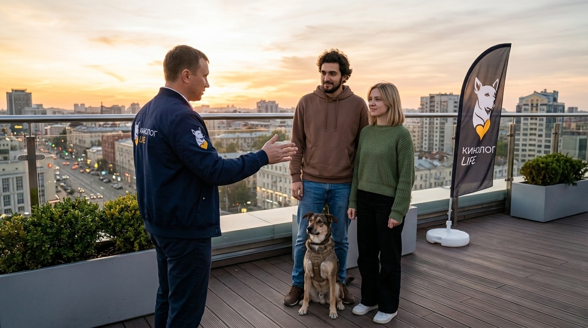 язык тела собаки — собака внимательно слушает хозяина, наклонив голову