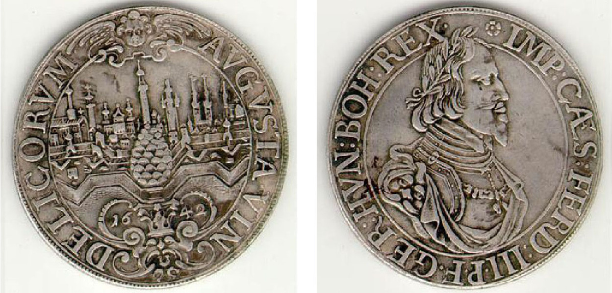 Иллюстрация. Талер Аугсбурга 1642 года, Фердинанд III, император Священной Римской империи.
Аверс: IMP : CAES : FERD : III . P . F . GER : HVN : BOH : REX . (Император Цезарь Фердинанд III Король Германии, Венгрии, Богемии.
P. F.- PUBLICARI FECIT [DECRETO] выпущено в соответствии с декретом)
Реверс: AVGVSTA . VINDELICORVM / 1642  (Город Аугсбург 1642)

