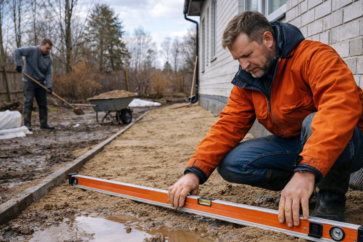 Устройство отмостки весной
