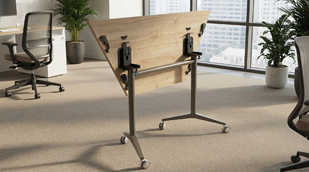 Промпт на интерьер: Insert desk with H1277 Light Acacia tabletop and frame in RAL 7022 (Grey Brown) into office scene, keep exact geometry and proportions, realistic lighting and shadows, perspective aligned with floor, subtle reflections on tabletop and frame edges, maintain original legs, hardware and construction, photorealistic, high detail, do not modify anything else, only replace color