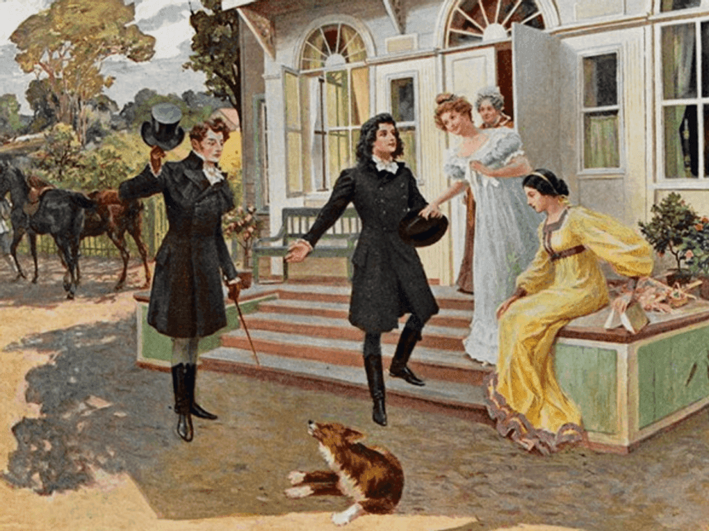 Елена Самокиш-Судковская. Онегин с Ленским в гостях у Лариных (фрагмент). 1908. Из книги