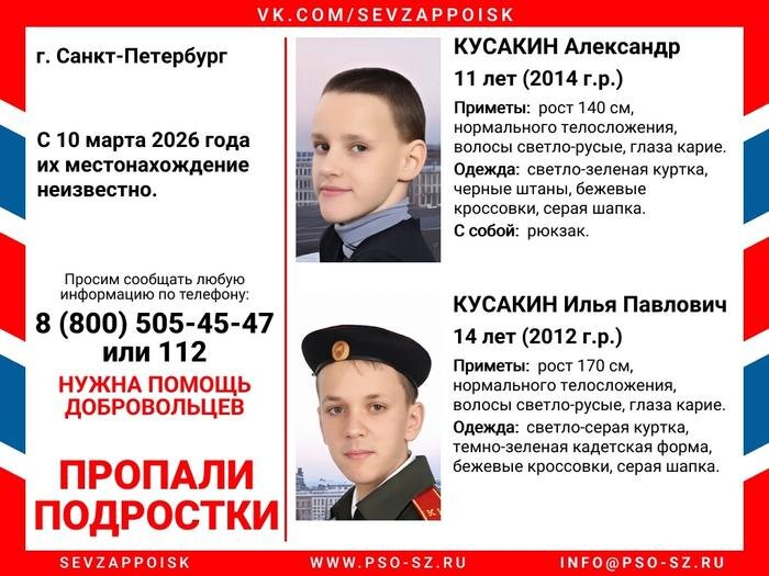 Объявление о пропаже Александра и Ильи Кусакиных. Фото © VK / Поисково-спасательный отряд «Северо-Запад»