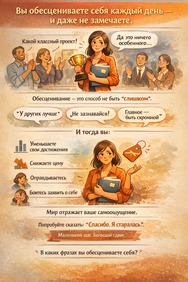 
Вы сделали сложный проект.
Вложили душу.
Переживали.
Сомневались.
Вышли на результат.

И когда вас хвалят, вы отвечаете:
«Да это ничего особенного».

Это звучит скромно.
Но на самом деле - это отказ признать свою ценность.

Обесценивание — это способ не быть “слишком”.

Если в детстве за успех сравнивали:
«Вот посмотри, у других лучше»
или
«Не зазнавайся»
или
«Главное — быть скромной»

то внутри формируется убеждение:
опасно быть выше.

И тогда вы:

— уменьшаете свои достижения
— снижаете цену
— оправдываетесь
— боитесь заявить о себе

Проблема в том, что мир отражает ваше самоощущение.

Если вы сами себя уменьшаете —
клиенты, партнёры, окружение делают то же самое.

Самоценность — это не про высокомерие.
Это про внутреннюю опору.

Попробуйте сегодня не спорить с похвалой.
Просто сказать: «Спасибо. Я старалась».

Маленький шаг.
Большой сдвиг.

Вопрос к вам:

В каких фразах вы чаще всего себя обесцениваете?