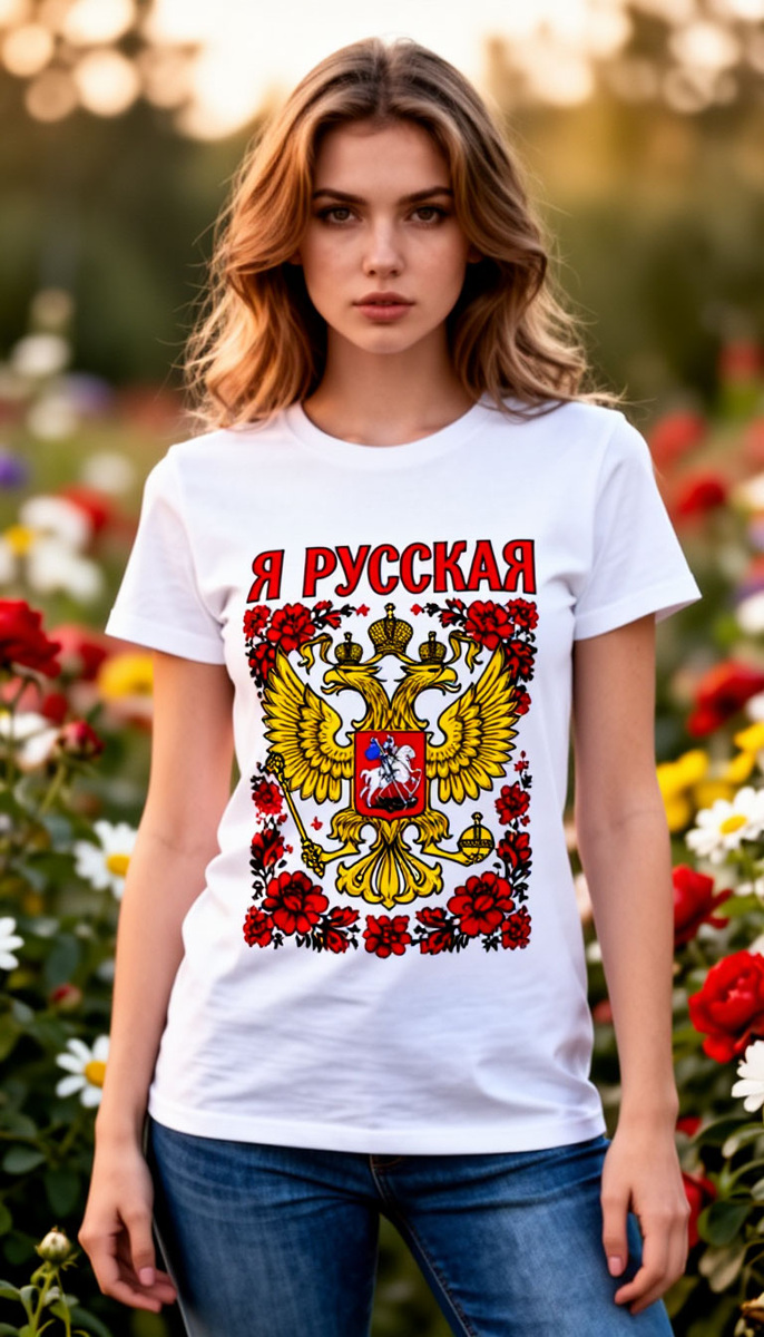Я в своей любимой футболке — с гербом и надписью „Я РУССКАЯ“. Горжусь своими корнями и не стесняюсь это показывать! 🏛️❤️