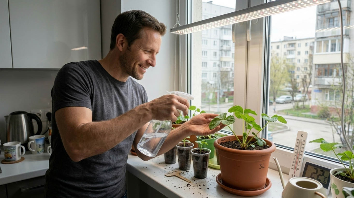 Ремонтантная клубника сорта Альбион на кусте с зелеными листьями