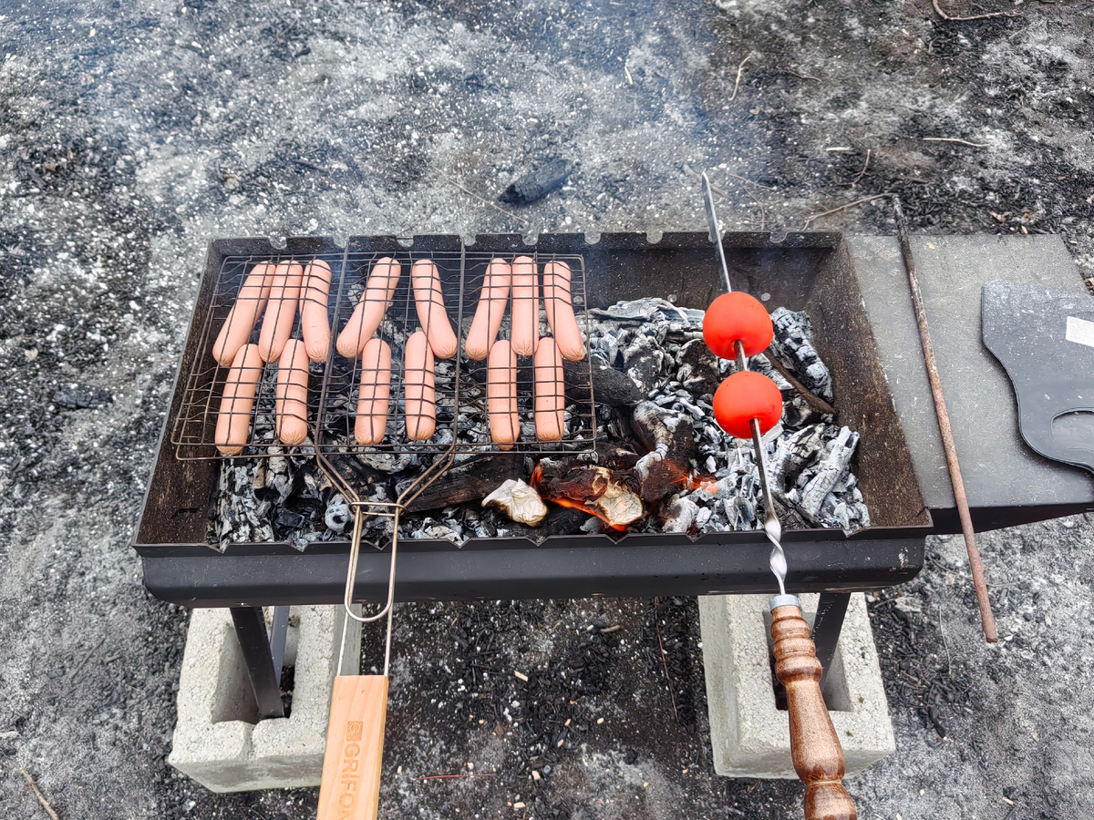 Жарим сосиски и помидорки на остатках инвазиста.