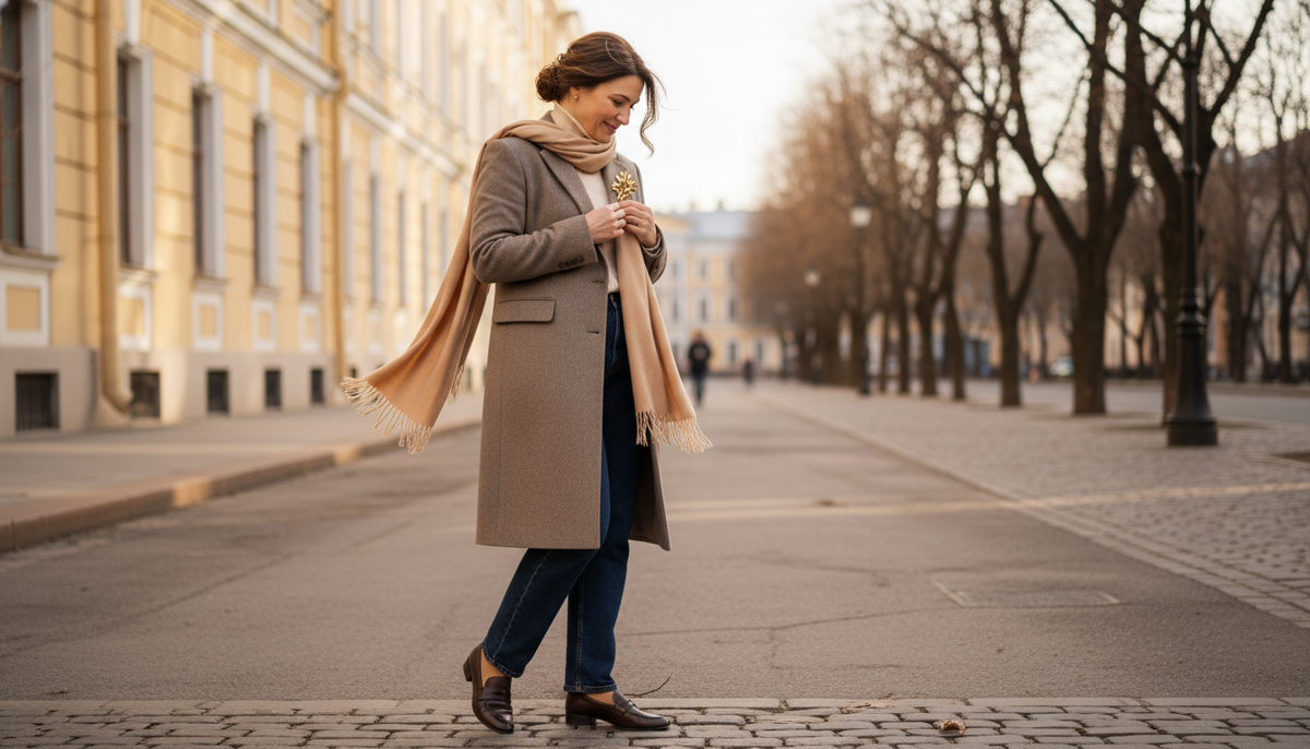 Как аксессуары меняют пальто: винтажная брошь на лацкане и кашемировый шарф превращают базовый комплект в продуманный весенний образ