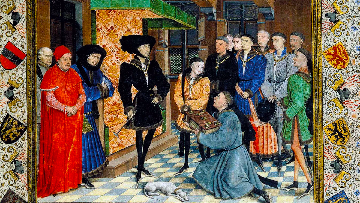 Остроносые туфли были настоящим модным хитом при дворе Филиппа Доброго — герцога Бургундского, чьё имя стало символом изысканного вкуса и придворного шика. Миниатюра середины XV века, Рогир ван дер Вейден, «Хроники Эно».