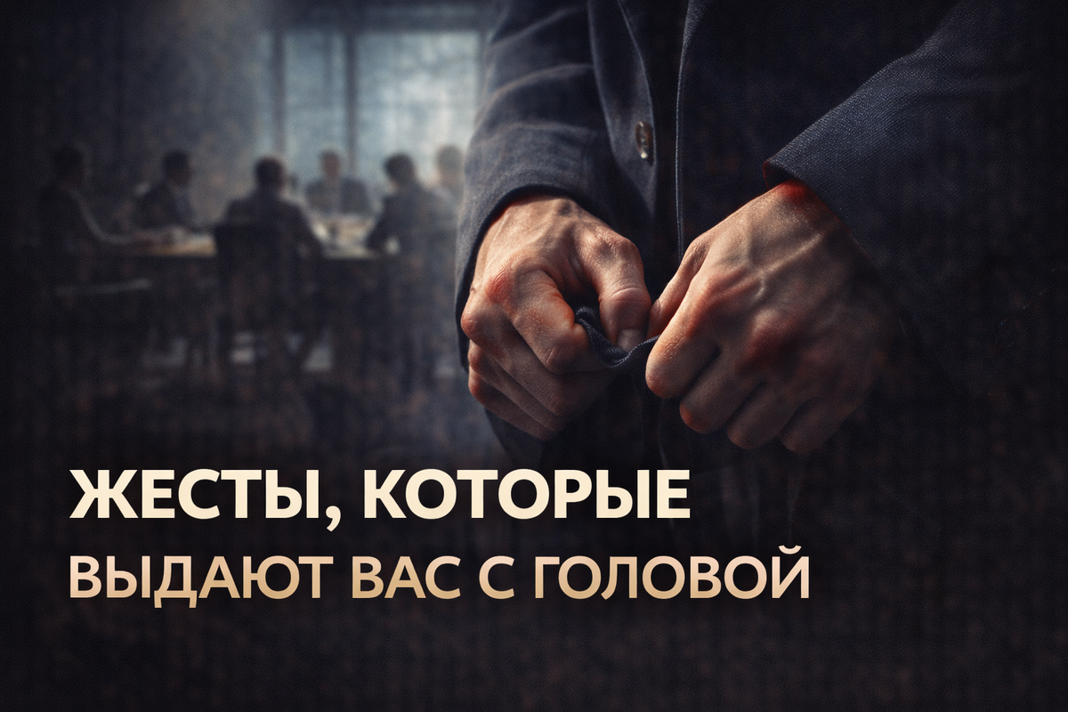 Крупный план рук, нервно теребящих одежду, на размытом фоне офиса. Символ невербальных сигналов волнения.