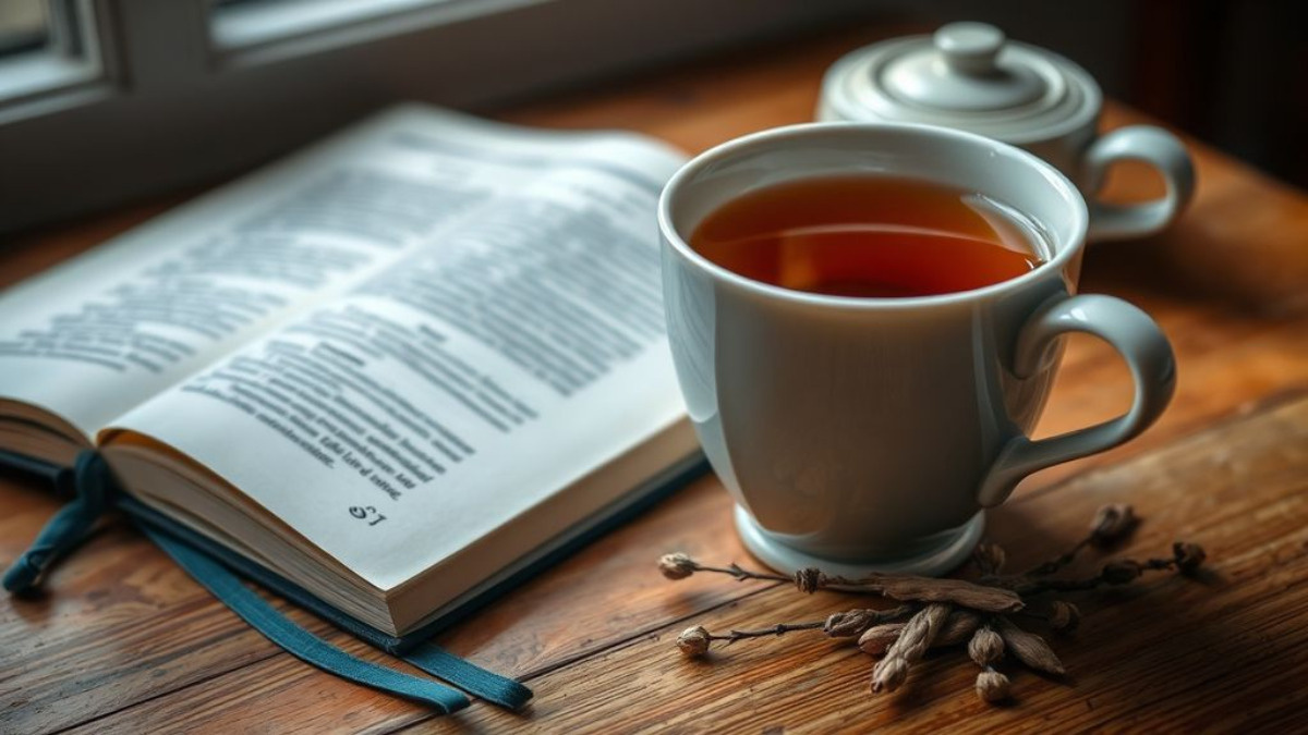 Утренний ритуал: чашка травяного чая рядом с книгой  — символ осознанного начала дня. 