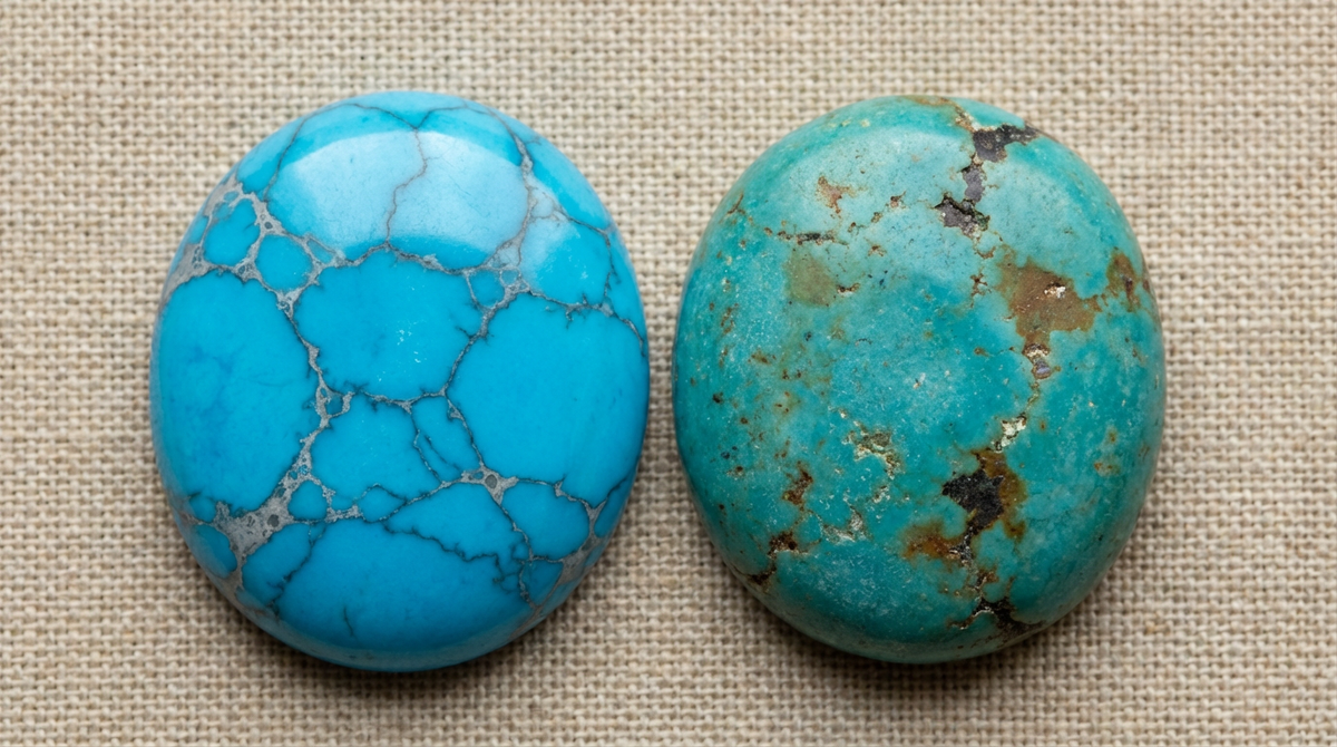 Явные отличия между хаулитом (обработанный) и бирюзой (необработанной)