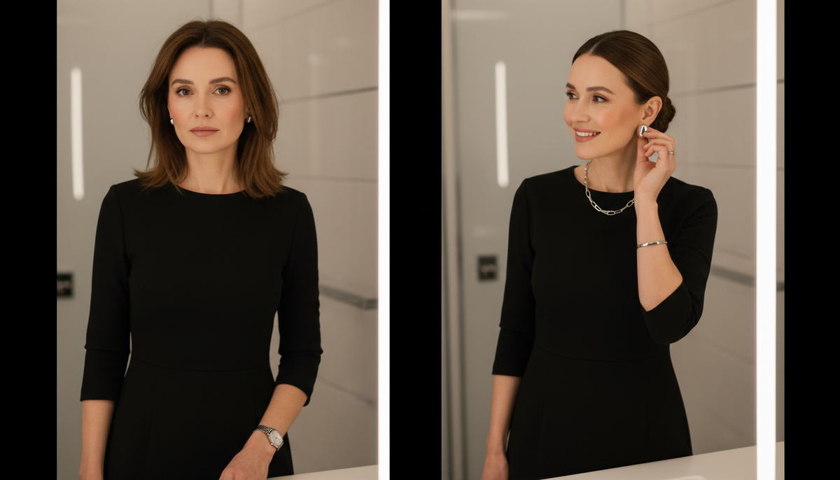 Сравнение у зеркала: чёрное платье без украшений выглядит проще, с лаконичными серьгами и цепью — дороже и собраннее