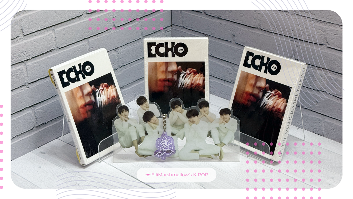 Виверс-версии альбома Джина ECHO. Акриловый стенд посередине - часть альбома BTS LYS Tear, отношения к пакам на фото не имеет, тоже добавлен для антуража, а брелочек с цветком уже мой личный мерч