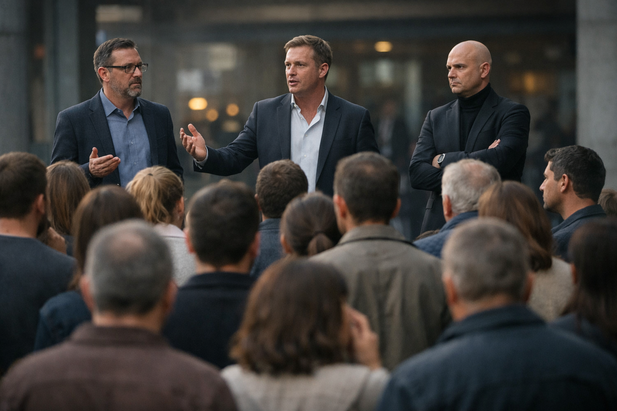 Толпа людей стоит перед тремя мужчинами, похожими на ораторов или интеллектуалов. Один говорит спокойно и сложно, другой уверенно и просто, третий молчит, наблюдая. На лицах людей — растерянность, желание понять и скрытое напряжение выбора.