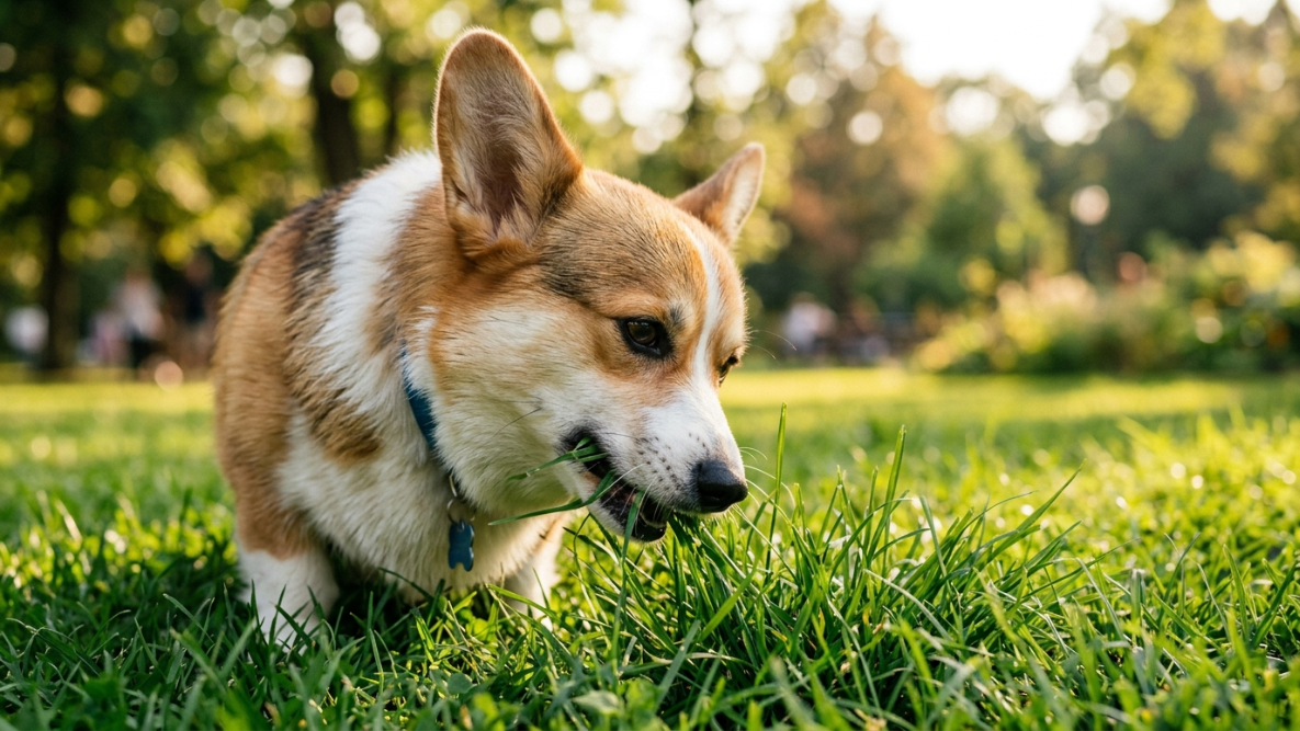Счастливая собака с интересом и удовольствием жует высокую зеленую траву в парке, солнечный день, фокус на морде собаки