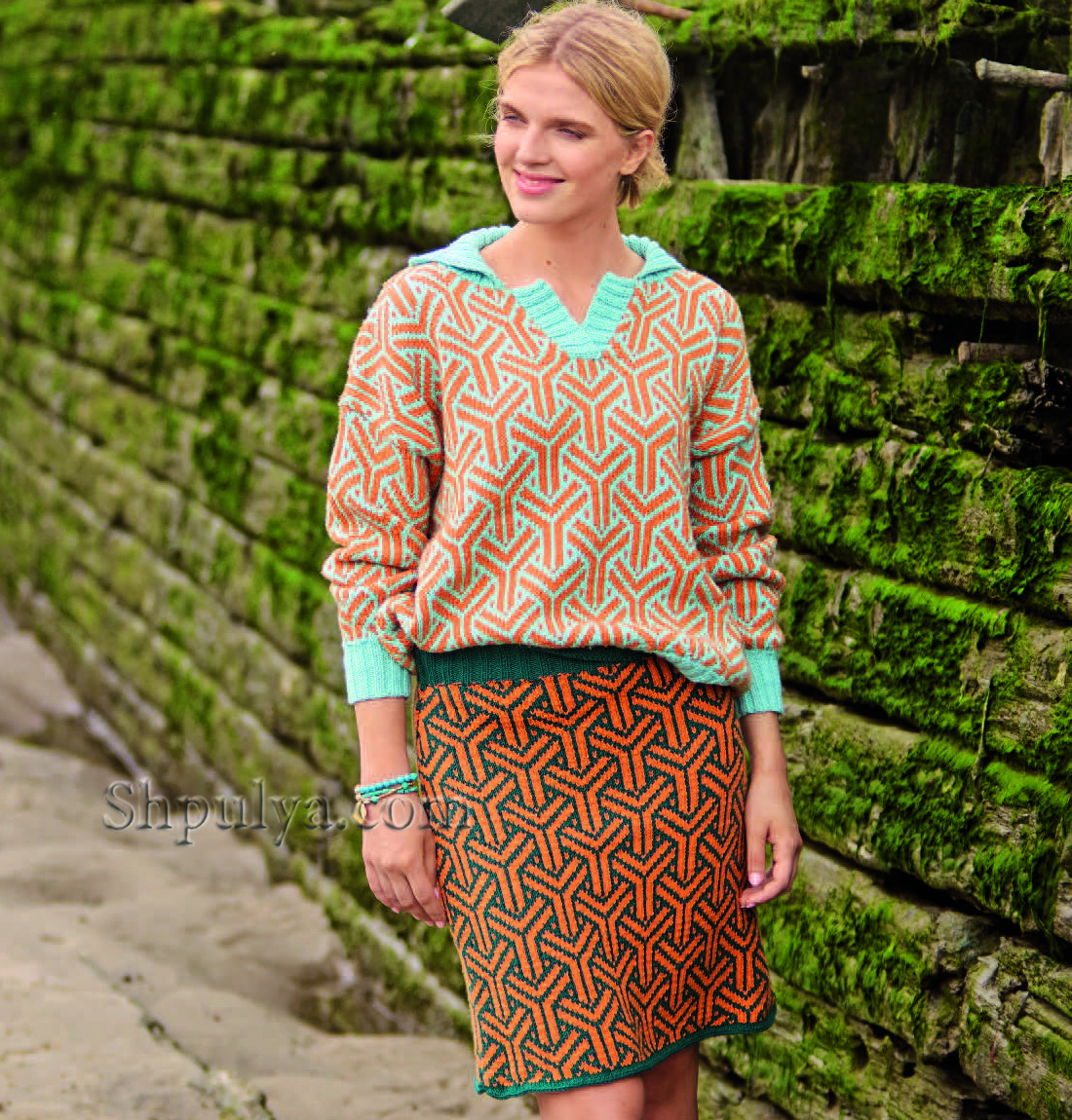 Пуловер с воротником поло и юбка с жаккардовым узором