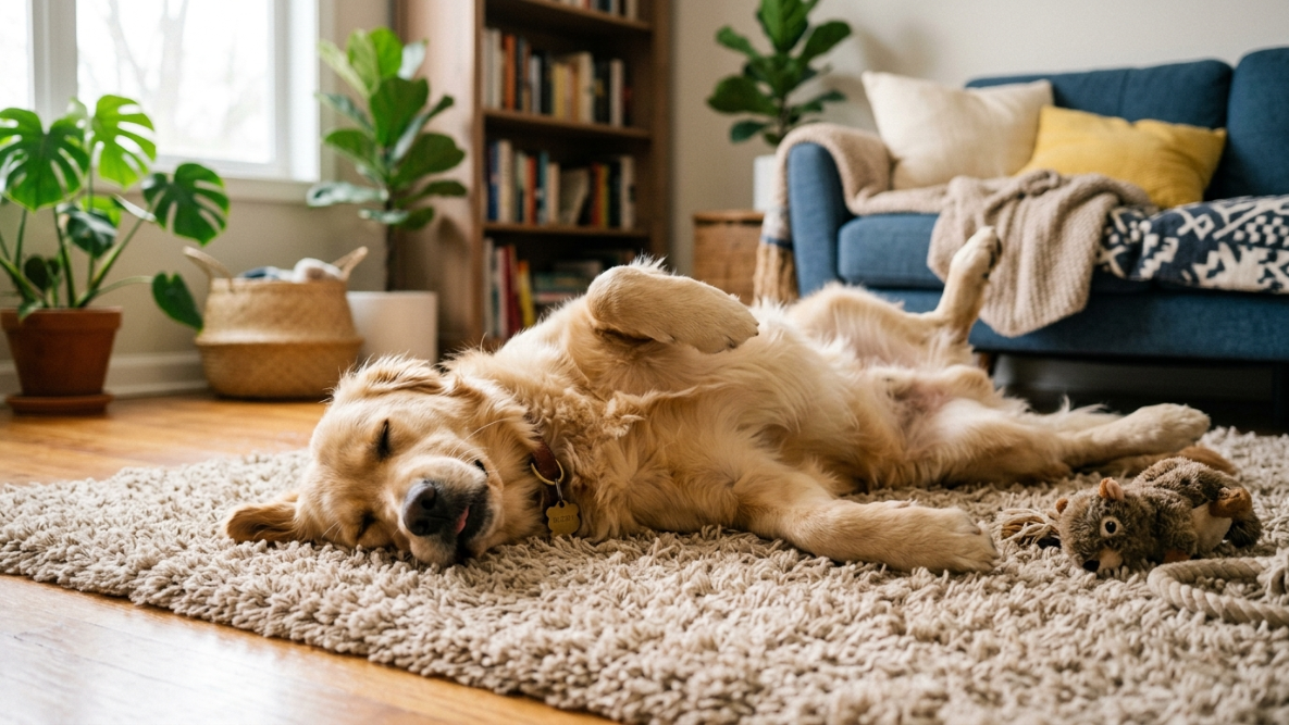 Смешная собака спит на спине на мягком ковре, лапы подняты вверх и расслаблены, морда выражает полное блаженство