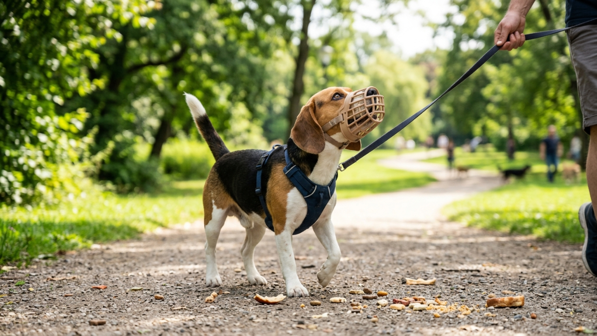 Сосредоточенная собака (например, бигль или такса) в наморднике-корзинке или на коротком поводке идет по парку, игнорируя лежащую рядом еду, смотрит на хозяина
