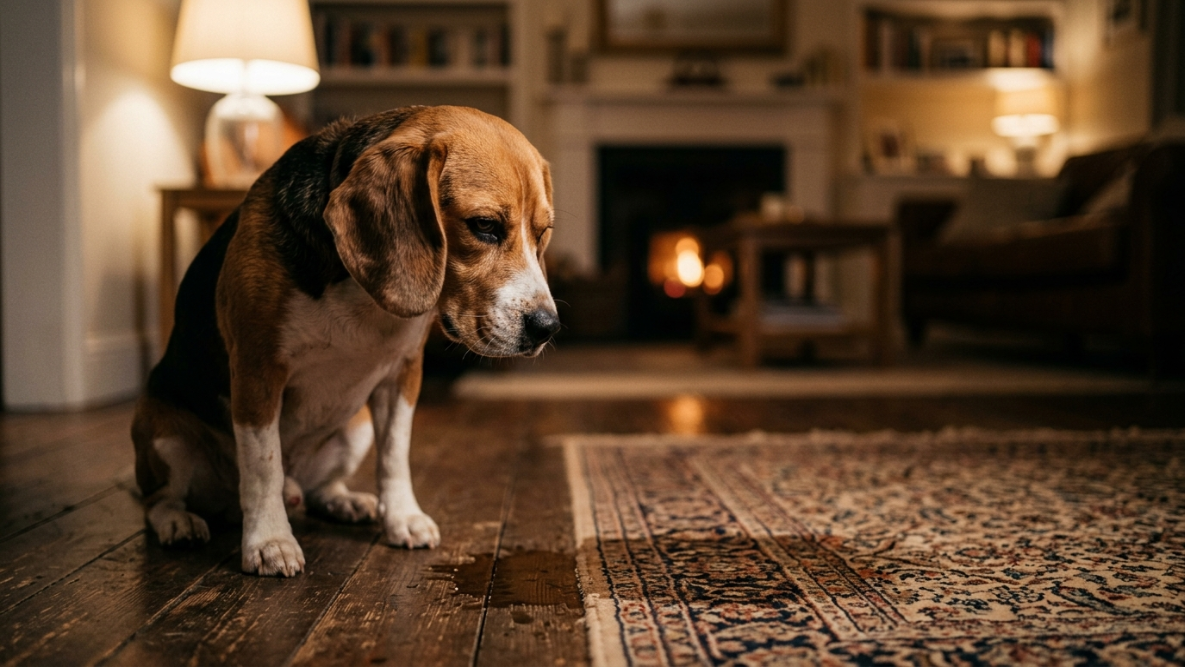 Грустная собака сидит на полу в комнате, отведя взгляд в сторону, рядом на ковре видно пятно, мягкое комнатное освещение, фокус на выражении морды пса