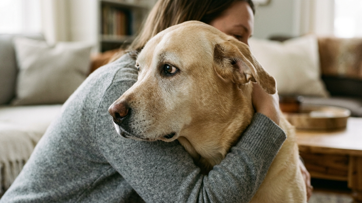 Крупный план морды собаки, которая слегка отстраняется от рук человека, пытающегося её обнять, видны сигналы дискомфорта