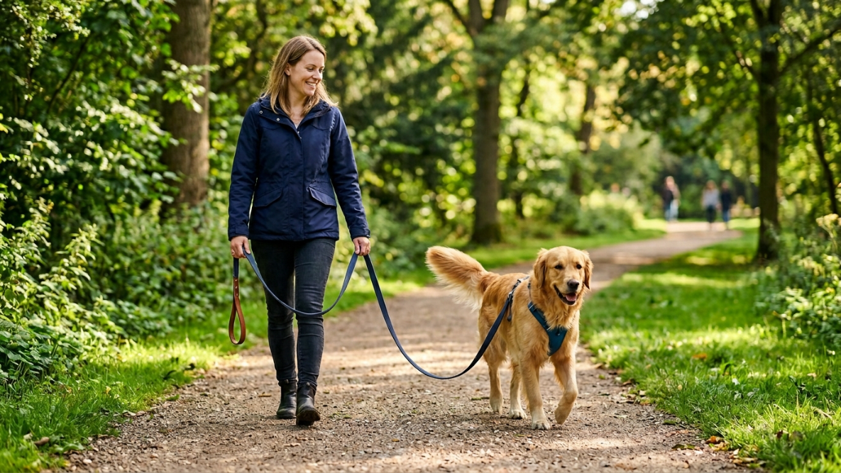 Собака идет на провисшем поводке рядом с хозяином в парке, оба выглядят расслабленными, солнечный свет, фокус на свободном изгибе поводка