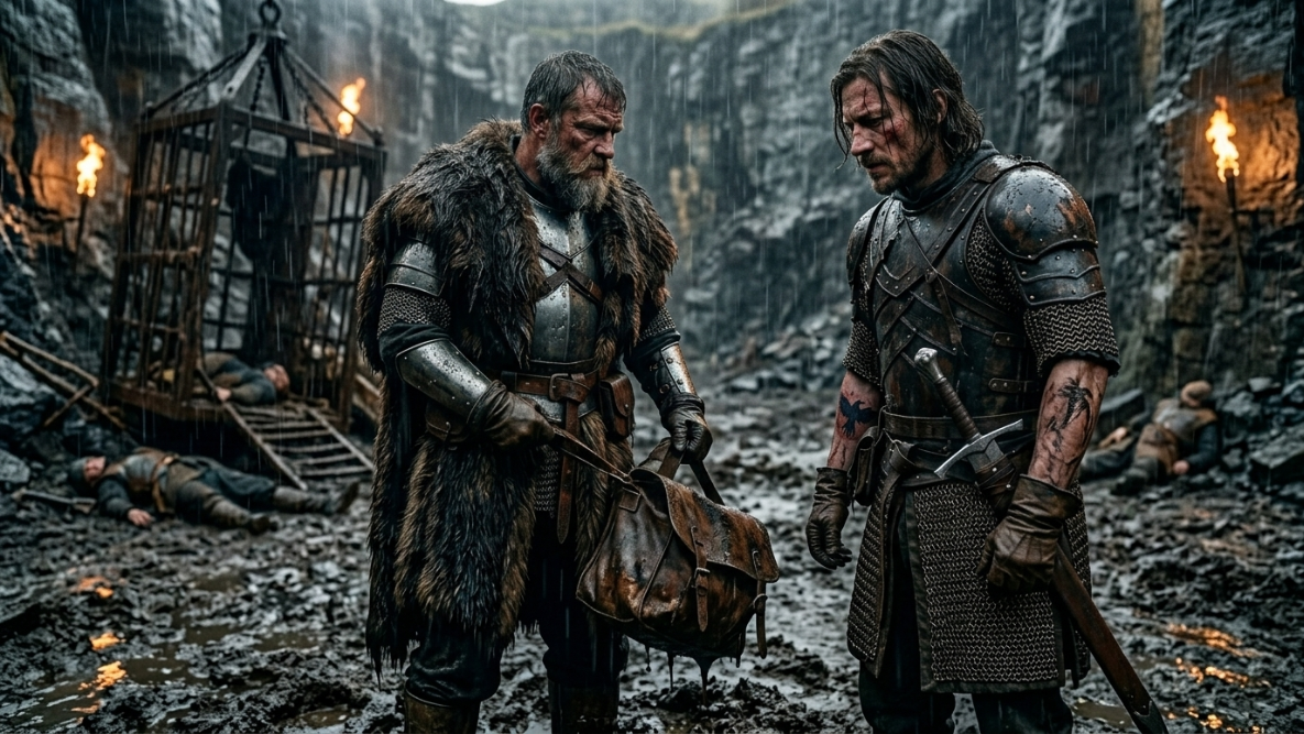 Крупный план. Начальник каменоломни, крупный мужчина в медвежьих шкурах и стальных пластинах, бросает тяжелый кожаный мешок под ноги Кроу. На заднем плане — деревянная клеть подъемника с телами охранников. Идет дождь, лица суровые, освещение тусклое