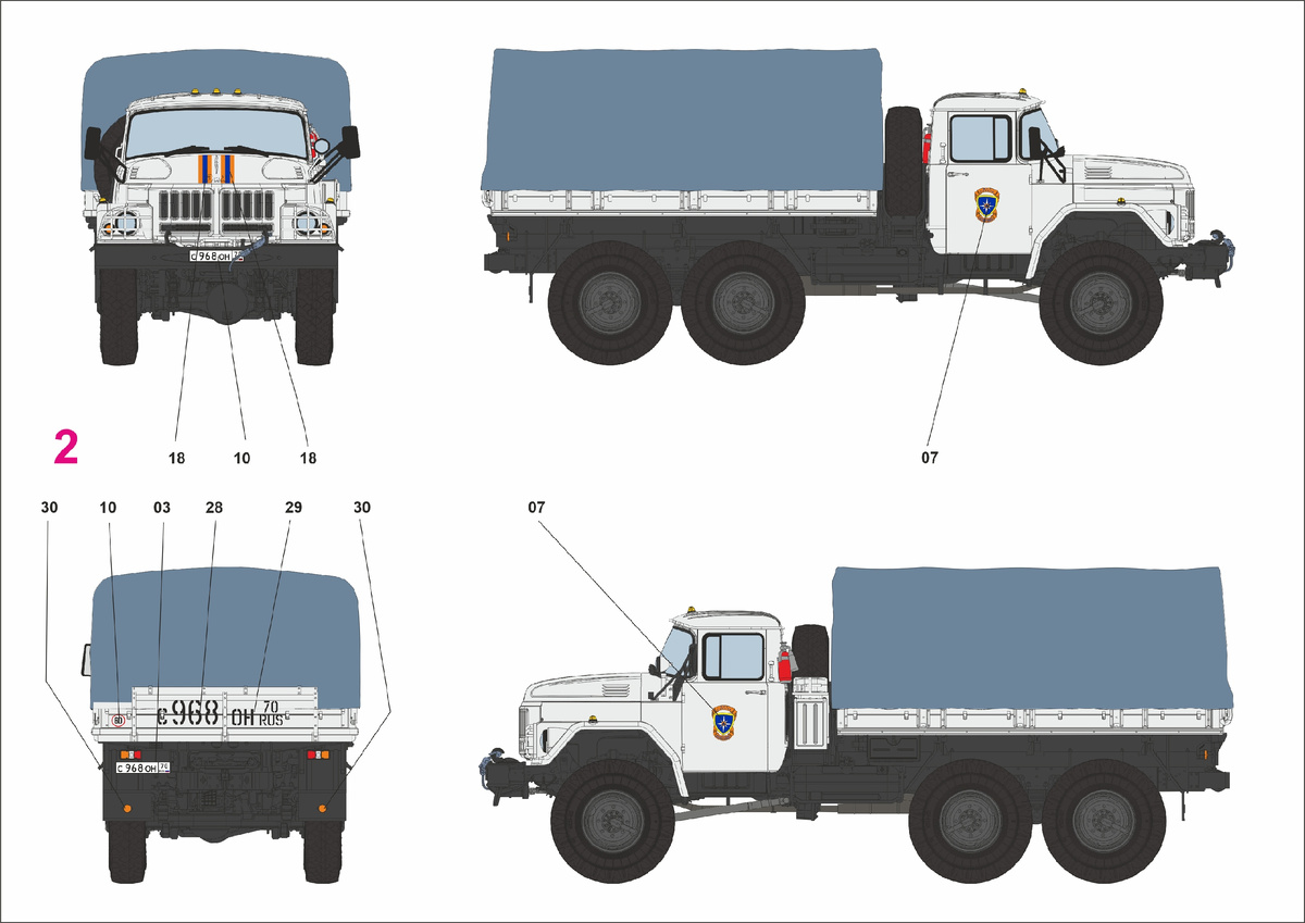 Схемы окраски модели советского среднетоннажного грузовика повышенной проходимости - ЗИЛ-131. Масштаб модели: 1/35. Производитель: "Звезда" (Россия). Листайте вправо 👉чтобы увидеть больше