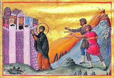 Мученица Пелагия Антиохийская. 11 в. Минологий Василия II. Миниатюра.