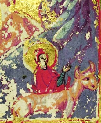 Мученица Пелагия Тарсийская. 14 в. Минологий деспота Фессалоники Димитрия I Палеолога. Миниатюра.