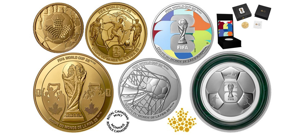    Коллекция монет Канада Чемпионат мира по футболу 2026 золото серебро малахит