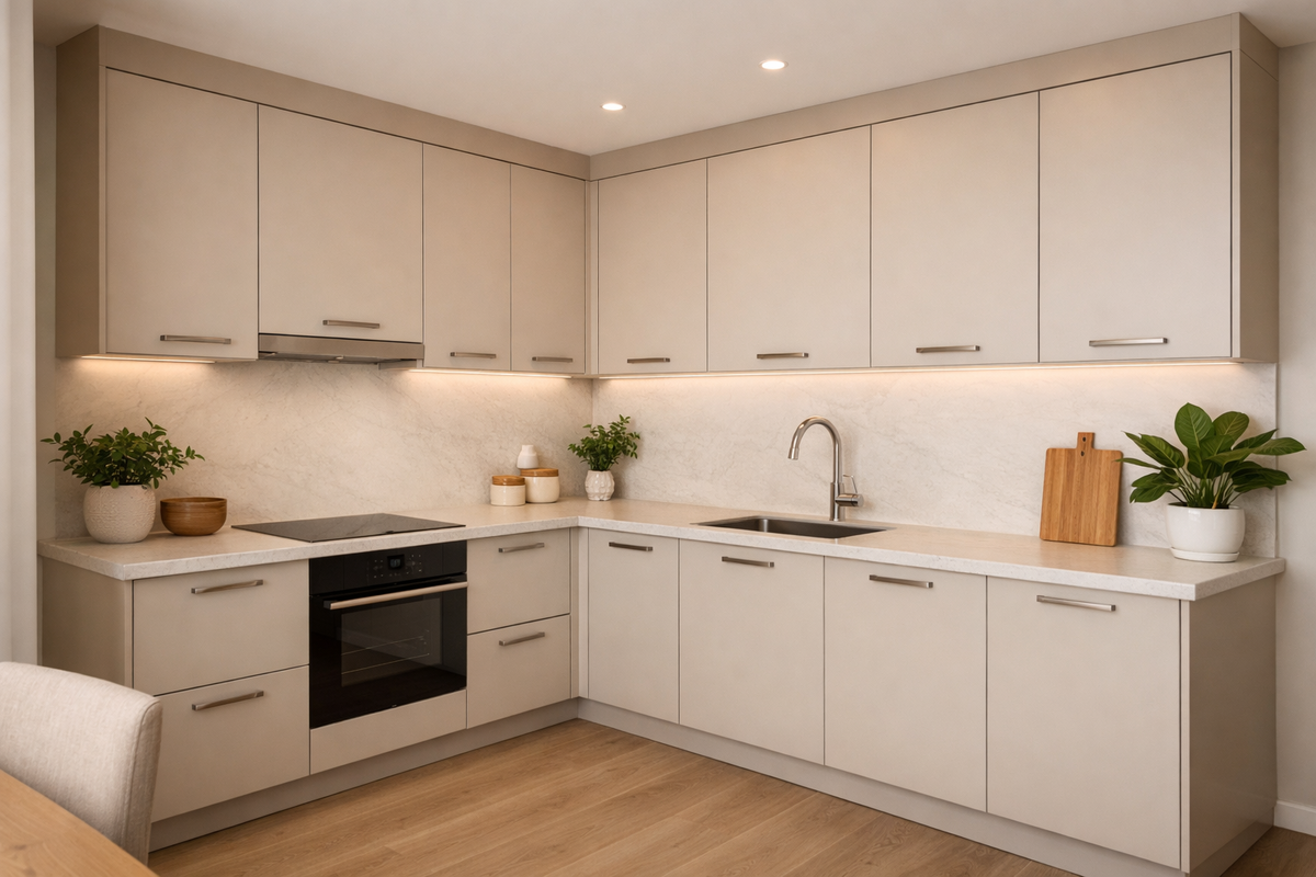 Современная кухня с бежевыми фасадами и минималистичным дизайном