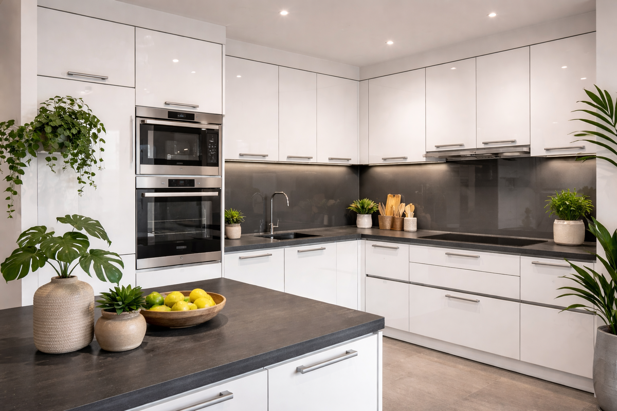 Белая кухня в стиле хай-тек с глянцевыми фасадами