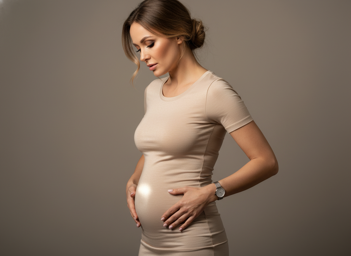 Женщина 35–45 в тонком блестящем трикотаже в облипку: свет подчёркивает живот и делает его заметнее