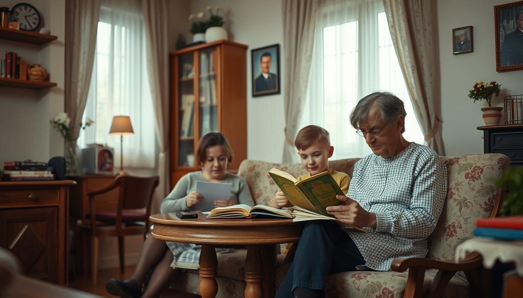    Сцена, где советская семья проводит время дома: читают книги и пишут письма в уютной обстановке.