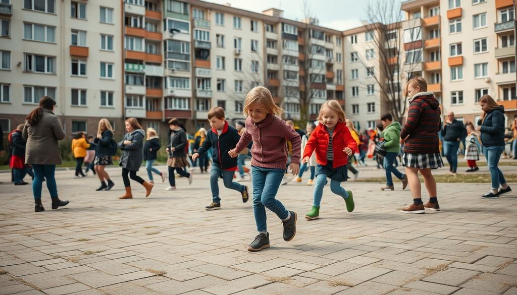    Дети играют на улице в традиционные игры в советском дворе с характерными зданими на фоне.