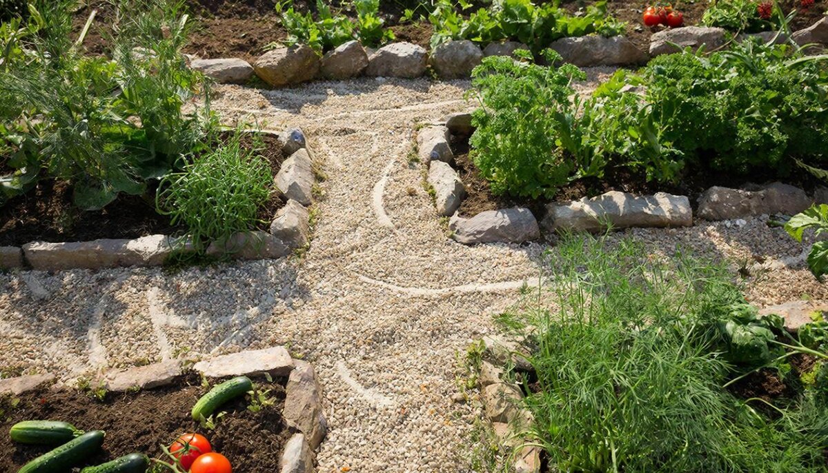 Отсыпка декоративными камнями в огороде