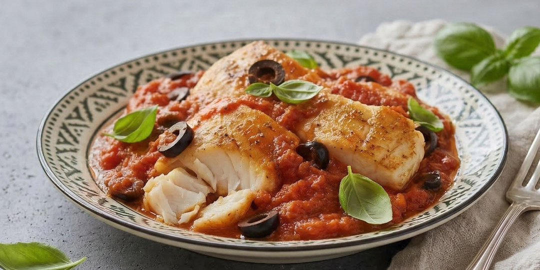 Треска в томатно-оливковом соусе по-средиземноморски