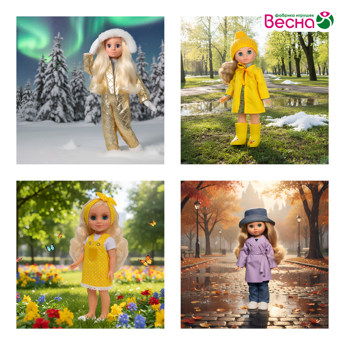 Зима: Шарнирная кукла Мирэя Северное сияние. Весна: Кукла Эля Кэжуал 5. Лето: Кукла София Кэжуал 1. Осень: Кукла Эля Кэжуал 4.