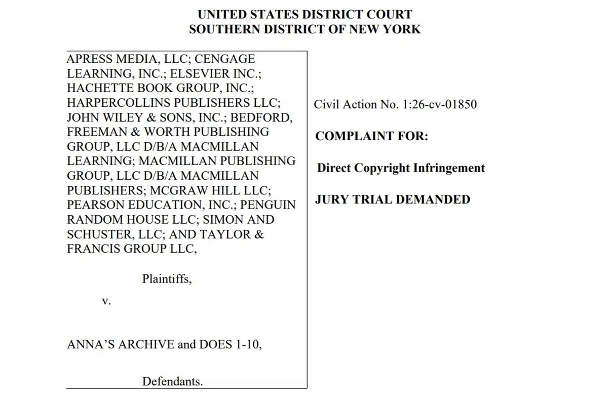  Копия искового заявления издательств, поданного в Окружной суд США Южного округа Нью-Йорка. © torrentfreak.com