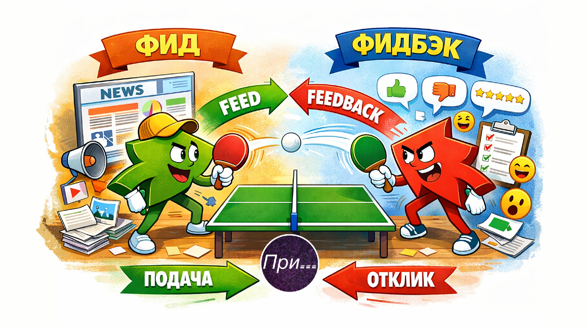 Титульная иллюстрация к статье Олега Лубски «Фид и фидбэк — это не про «тяни-толкай». Хотя… немного про это» | © автор AI-assisted иллюстрации Олег Лубски 2026