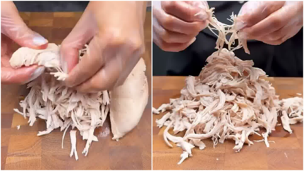 📸 Разделяем куриное филе на волокна.