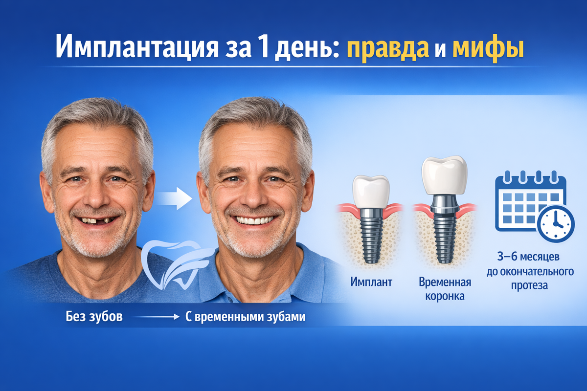 Имплантация «за один день» — это реальная технология, при которой имплант устанавливается и сразу фиксируется временная коронка. Пациент уходит из клиники с зубами, но окончательная коронка устанавливается через 3–6 месяцев после приживления импланта.