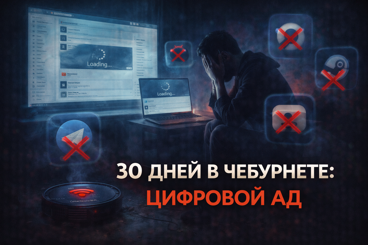 Человек в отчаянии перед экранами с VK и заблокированными приложениями. Робот-пылесос на полу. Символ 30-дневного эксперимента в изолированном интернете.