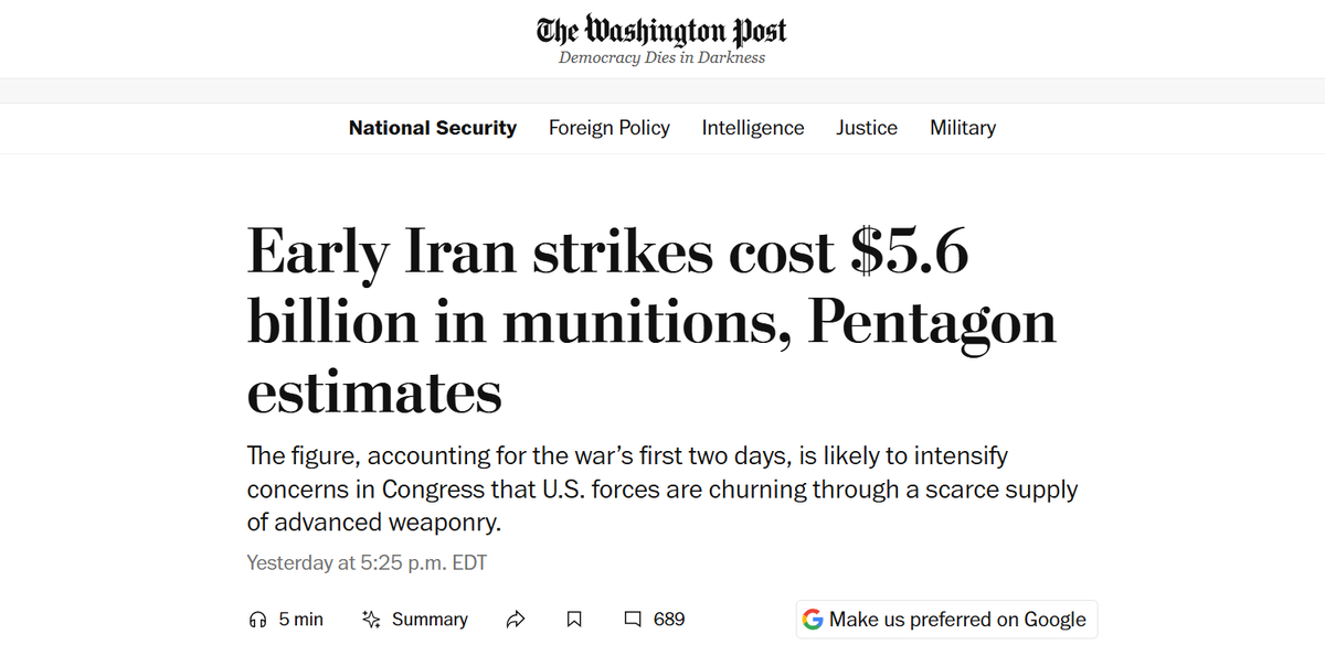     «По оценкам Пентагона, боеприпасы для первых ударов по Ирану обошлись в $5,6 млрд»