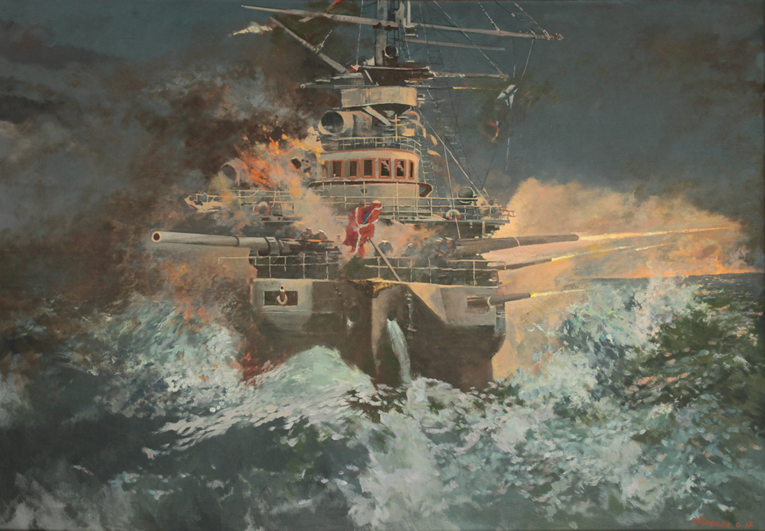 Авакимян О.А. «Подвиг крейсера Варяг» в героической обороне Порт-Артура 1904-1905» 2013 г. Холст, масло. 120х170