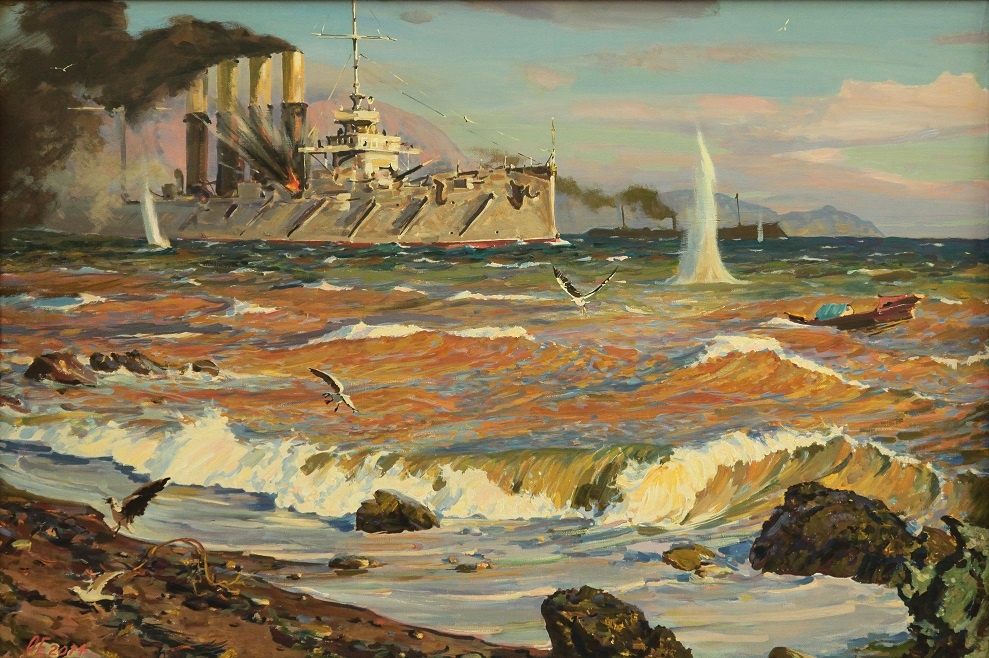 Ездаков О.В. «Героический бой крейсера Варяг и канонерской лодки Кореец с эскадрой японских кораблей». 2014 г. Холст, масло. 100х150