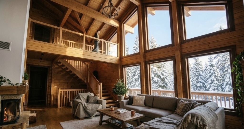 Пример деревянного дома с высокими потолками и панорамным остеклением