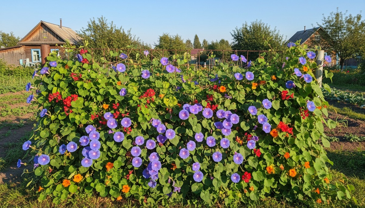 Так выглядит забор из рабицы через три месяца после посадки однолетних лиан. Ипомея, декоративная фасоль и настурция создали непроницаемую цветущую стену. Никакого профнастила не нужно!