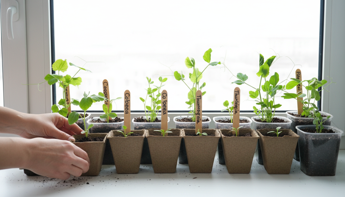  Мартовский подоконник садовода — рассада кобеи, душистого горошка и тунбергии набирает силу. Через два месяца эти крохи превратятся в мощные лианы высотой до четырёх метров