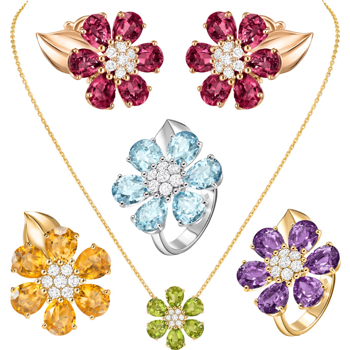 В линейке Fleurs d’Hawaï использованы пять разновидностей камней: цитрин, аметист, розовый родолит, аквамарин и зеленый перидот